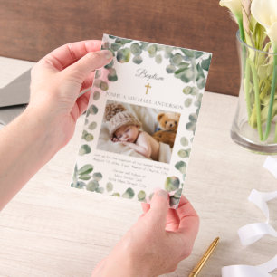 Invitations En Vélin Photo de baptême de bébé Eucalyptus Gold Cross
