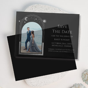 Invitations En Vélin Photo de mariage Lune et Étoiles d'Argent Noir