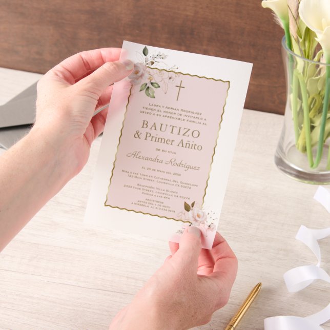 Invitations En Vélin Pink Blush Floral Espagnol 1er Anniversaire Baptêm (Ordinateur de poche)