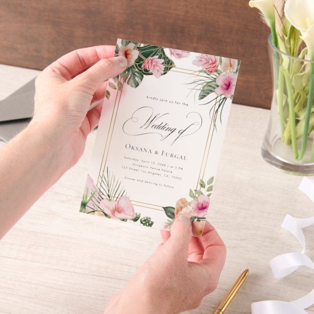 Invitations En Vélin Pink Gold Tropical Beach Destination Wedding (Ordinateur de poche)