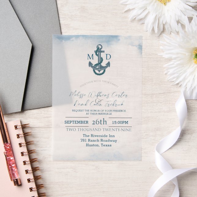 Invitations En Vélin Plage côtière Ancre de plage Mariage nautique (Mariage)
