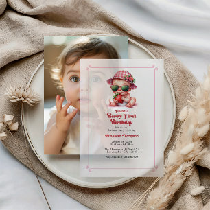 Invitations En Vélin Premier Anniversaire de Baie Rose à Carreaux Frais