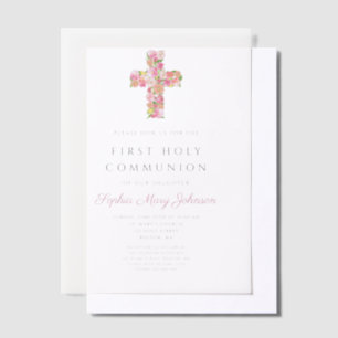 Invitations En Vélin Première communion fille croix florale rose religi