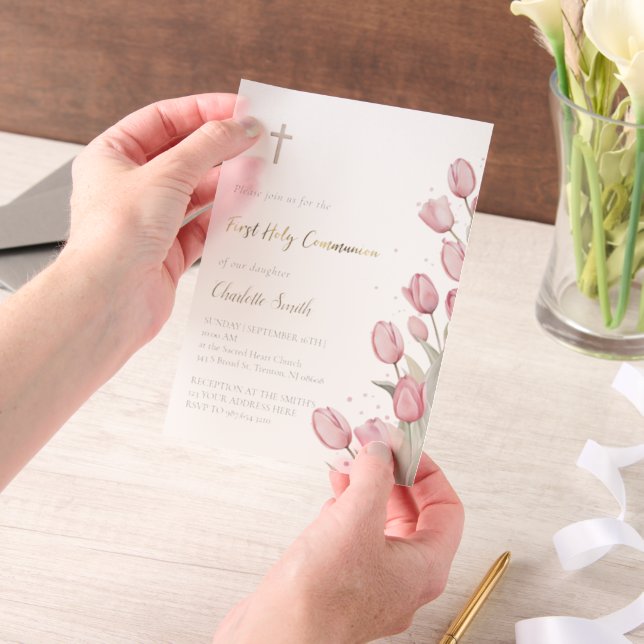 Invitations En Vélin Première Sainte Communion tulipes roses (Ordinateur de poche)