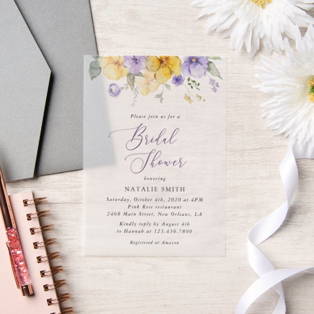 Invitations En Vélin Purple Flowers, Yellow Flowers, Bridal Shower (Mariage)