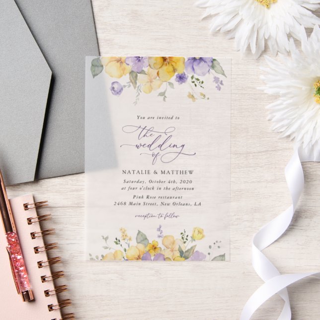 Invitations En Vélin Purple Flowers, Yellow Flowers, Greenery, Wedding (Mariage)