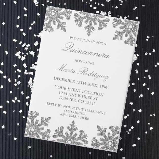 Invitations En Vélin Quinceanera hivernale de flocons d'argent (Créateur téléchargé)
