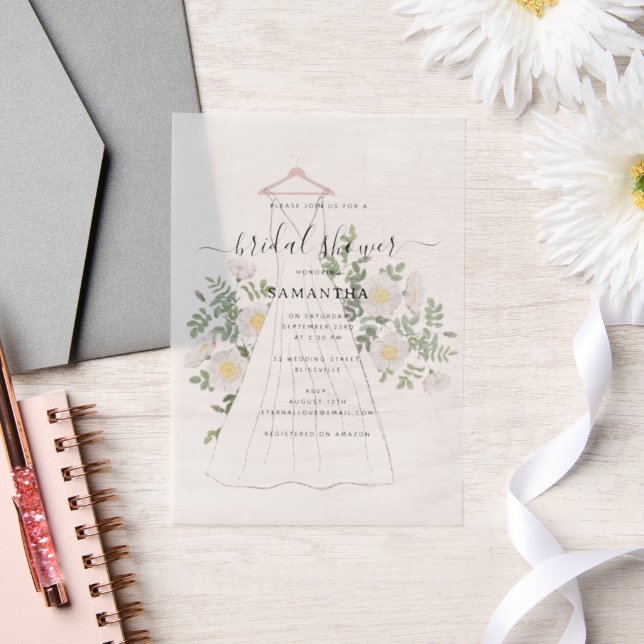 Invitations En Vélin Robe de Mariée Dessinée à la Main Fleurs Fête de M (Mariage)