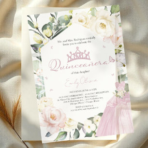 Invitations En Vélin Robe rose Papillon Boho Cadre Floral Quinceañera