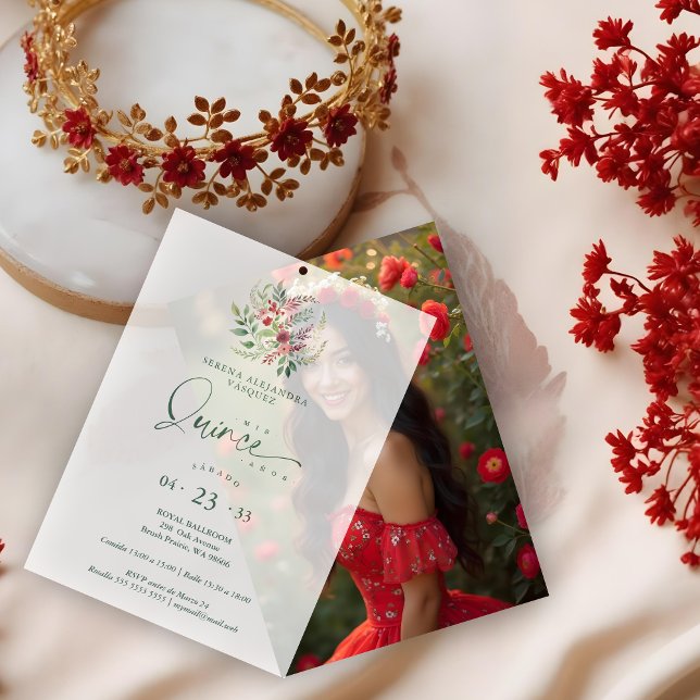 Invitations En Vélin Romantic Red Floral Floral Boho Quinceañera (Romantic Red Floral Floral Boho Quinceañera Overlay Vellum Paper for Quinceañera Celebration Invites)