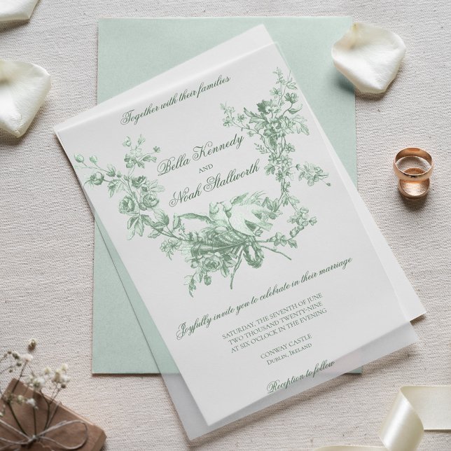 Invitations En Vélin Romantic Sage Floral Wreath w/Lovebirds Wedding (Créateur téléchargé)