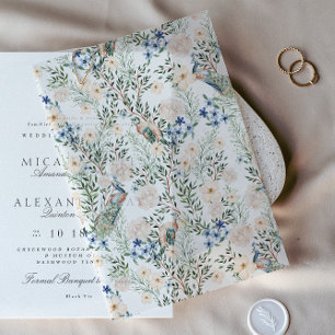 Invitations En Vélin Romantique Fleurs blanches paon verdure belle