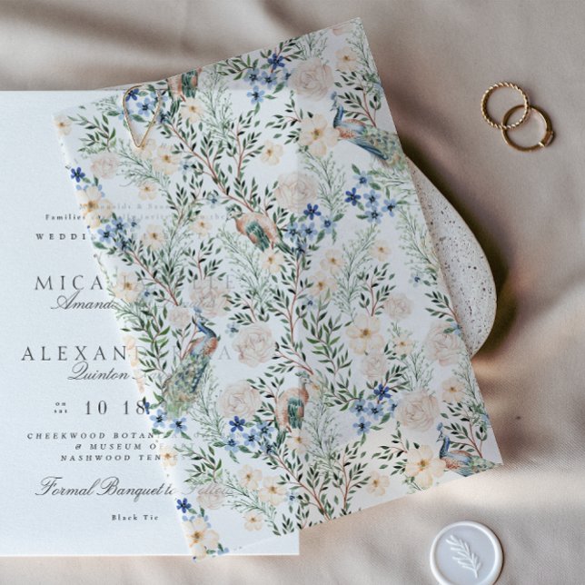 Invitations En Vélin Romantique Fleurs blanches paon verdure belle (Créateur téléchargé)