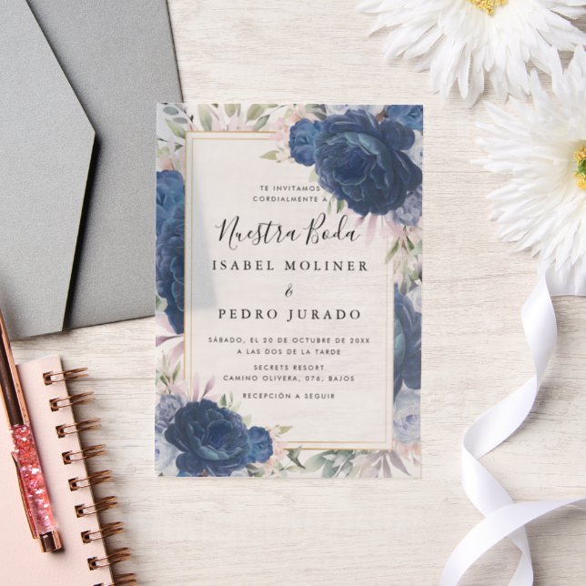 Invitations En Vélin Rose bleu Floral Nuestra Boda Mariage espagnol (Mariage)