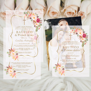 Invitations En Vélin Rose or Fleurs blanches 1er Anniversaire Baptême