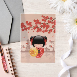 Invitations En Vélin Rouge Sakura Kokeshi Poupée Japonaise Geisha Insér