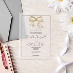 Invitations En Vélin Ruban à nœud pailleté or blanc mariage simple