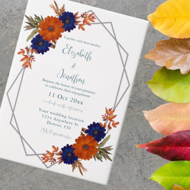 Invitations En Vélin Rustique Automne Orange Navy Bleu Floral Fiançaill (Créateur téléchargé)
