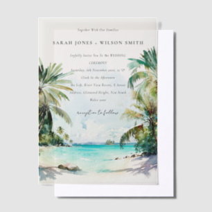 Invitations En Vélin Sable Tropical Beach Aquarelle Palm Trees Mariage