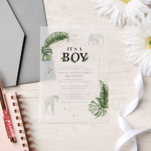 Invitations En Vélin Safari Jungle Elephant Giraffe Baby shower garçon