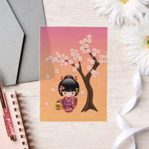 Invitations En Vélin Sakura Kokeshi Doll Cute Geisha Girl Orange Insert