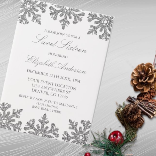 Invitations En Vélin Silver Snowflake Winter Sweet 16 (Créateur téléchargé)