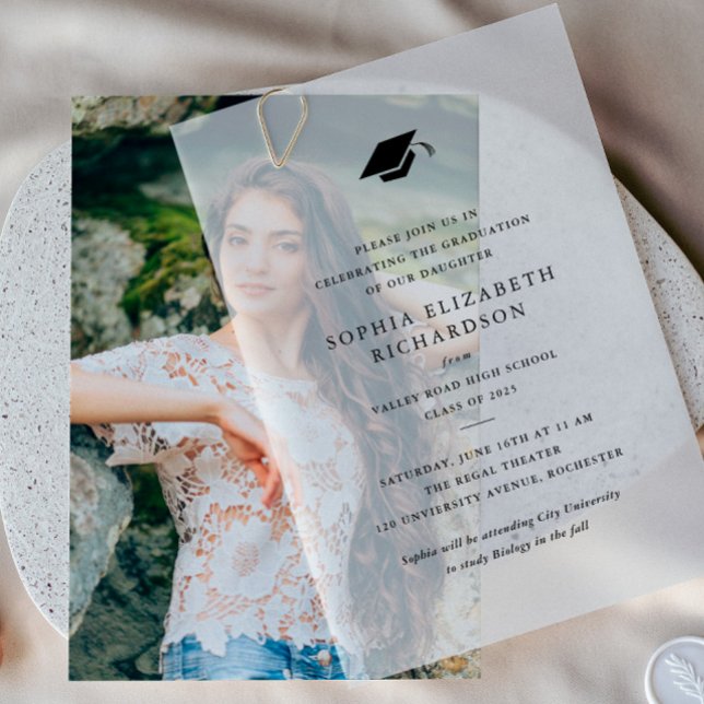 Invitations En Vélin Simple Casquette de Diplômé Élégante (Simple Graduation Invitation Vellum Overlay. Pair with a photo or use on its own.)