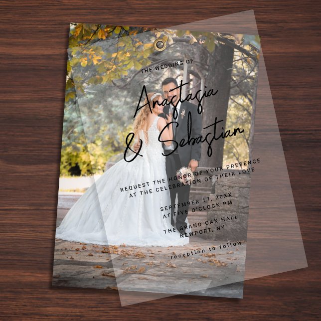 Invitations En Vélin Simple Élégant Mariage Photo Noir & Blanc Script (Simple Elegant Black & White Script Photo Wedding Vellum Invitations)