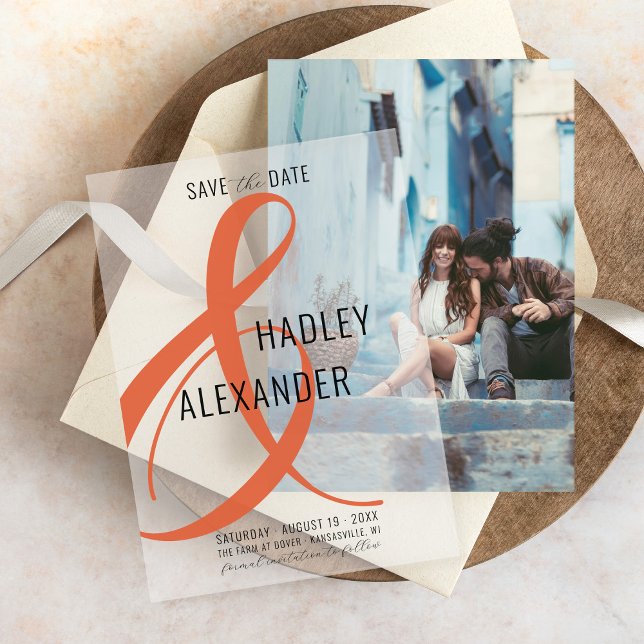 Invitations En Vélin Simple moderne ORANGE Overlay Mariage Enregistrer  (Modern burnt orange Italian sunset ampersand wedding save the date vellum overlay for photo underlay)