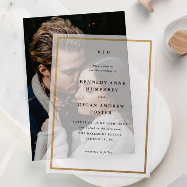 Invitations En Vélin Superposition de monogramme de typographie minimal (Simple monogram gold frame vellum wedding invitations. Perfect with a photo or on their own.)