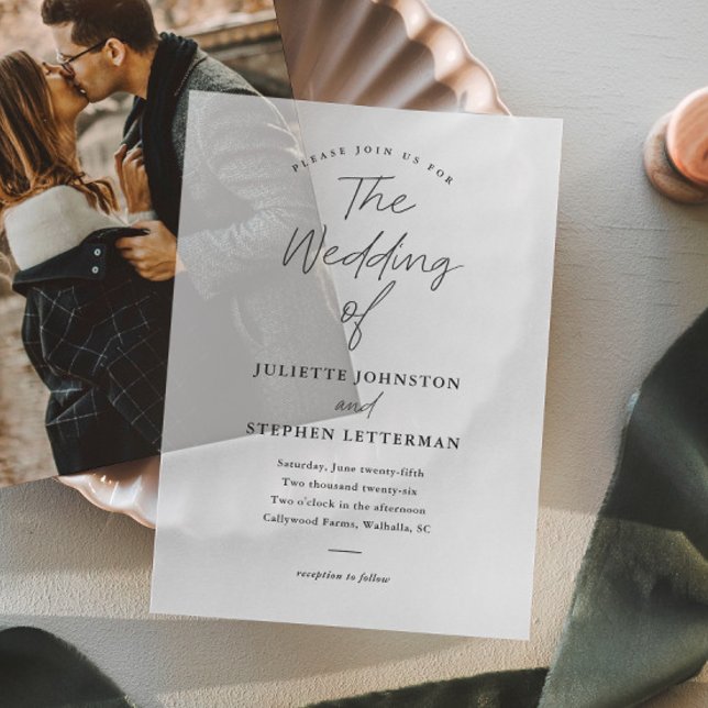 Invitations En Vélin Superposition de photo de script moderne Mariage (Modern handwritten script wedding vellum invitation.)
