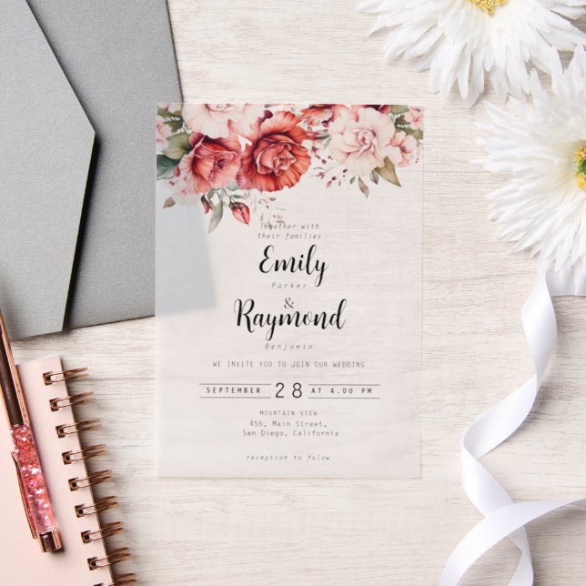Invitations En Vélin Terracotta Burgundy Blush Floral Wedding (Mariage)