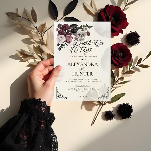 Invitations En Vélin Til Death Aquarelle Crâne Rose Mariage gothique (Til Death Watercolor Skull Rose Gothic Wedding Vellum Invitations)