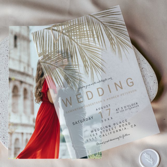 Invitations En Vélin Tropical Palm Gold Chic Mariage bohème (Tropical Palm Gold Chic Bohemian Wedding Vellum Invitations)