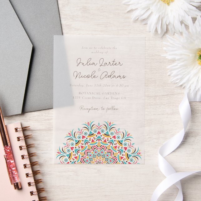 Invitations En Vélin Turquoise Bleu Rose Mariage Mandala Abstrait (Mariage)