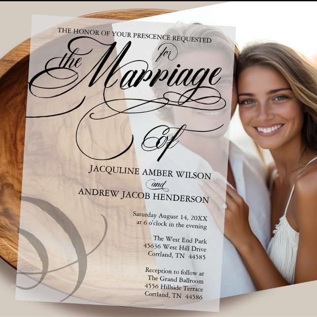 Invitations En Vélin Typographie de script élégant en noir et blanc (Formal Elegant Script Typography Vellum Overlay For Photo Wedding Invitation)