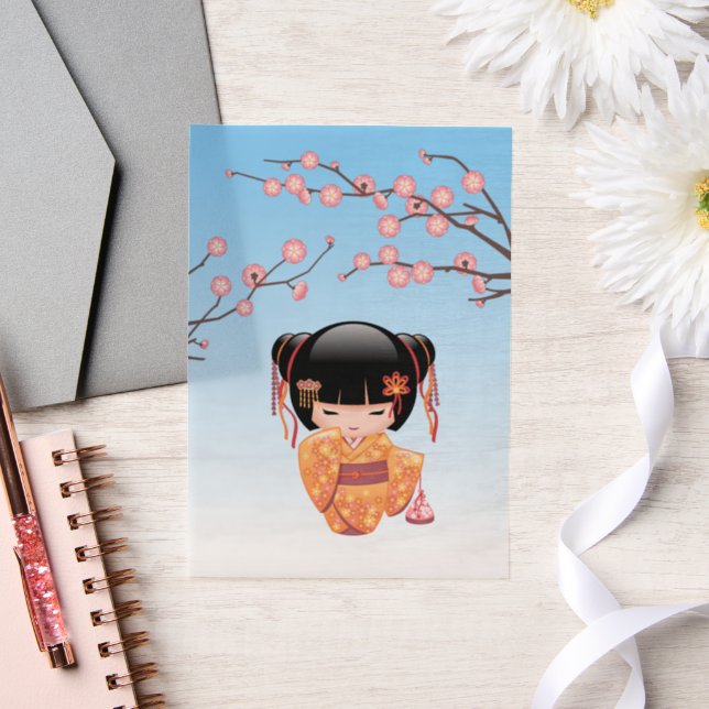 Invitations En Vélin Ume Kokeshi Poupée Japonaise Geisha Blue Insérer (Mariage)