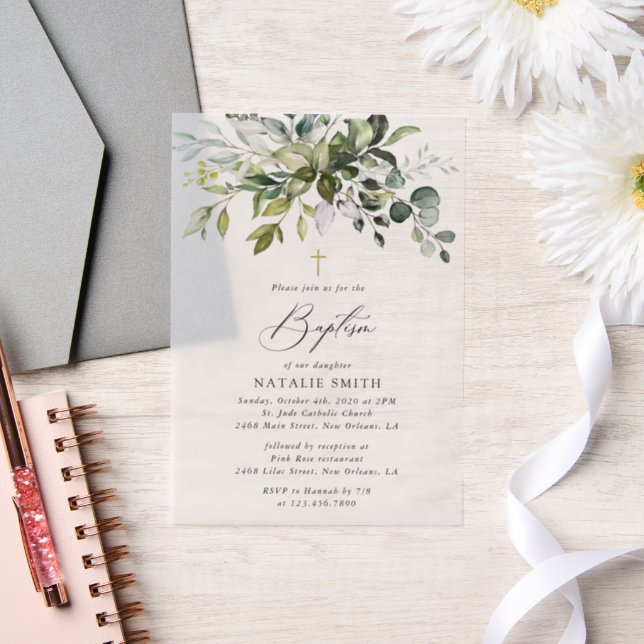 Invitations En Vélin Verdure, feuilles d'eucalyptus, Boho, baptême (Mariage)