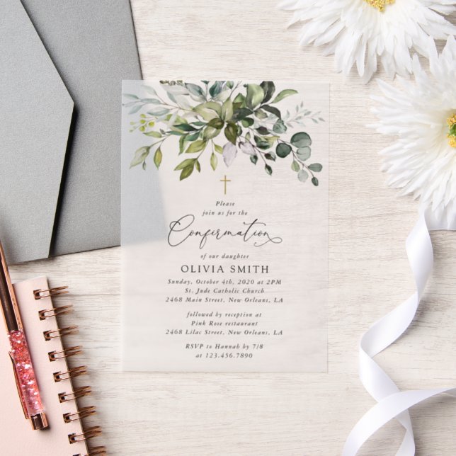 Invitations En Vélin Verdure, Feuilles d'eucalyptus, Boho, Confirmation (Mariage)