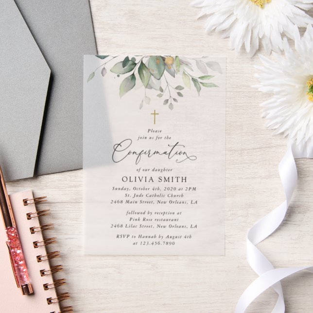 Invitations En Vélin Verdure, Feuilles d'eucalyptus, Boho, Confirmation (Mariage)