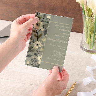 Invitations En Vélin Vert olive et Champagne Fleurs Cadre Mariage