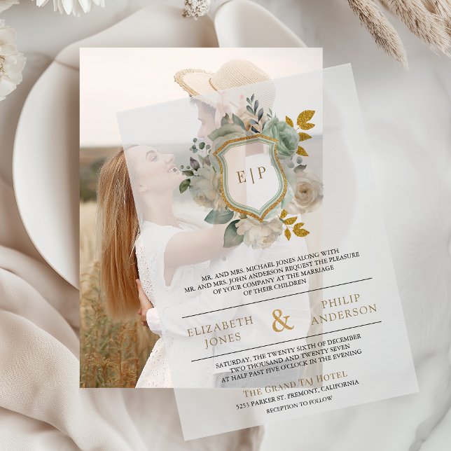 Invitations En Vélin Vert sauge et floral blanc mariage au blason monog (Créateur téléchargé)