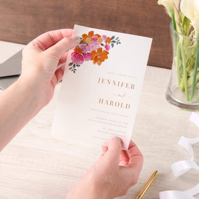 Invitations En Vélin Vibrant Pink & Orange Floral Garden Wedding (Ordinateur de poche)