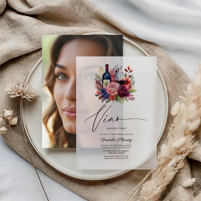 Invitations En Vélin Vino Before Vows Fleurs Vin Réception de Mariage (Vino Before Vows Floral Wine Bridal Shower Vellum Invitations)