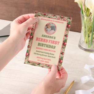 Invitations En Vélin Vintage fraise 1ère fête d'anniversaire Photo