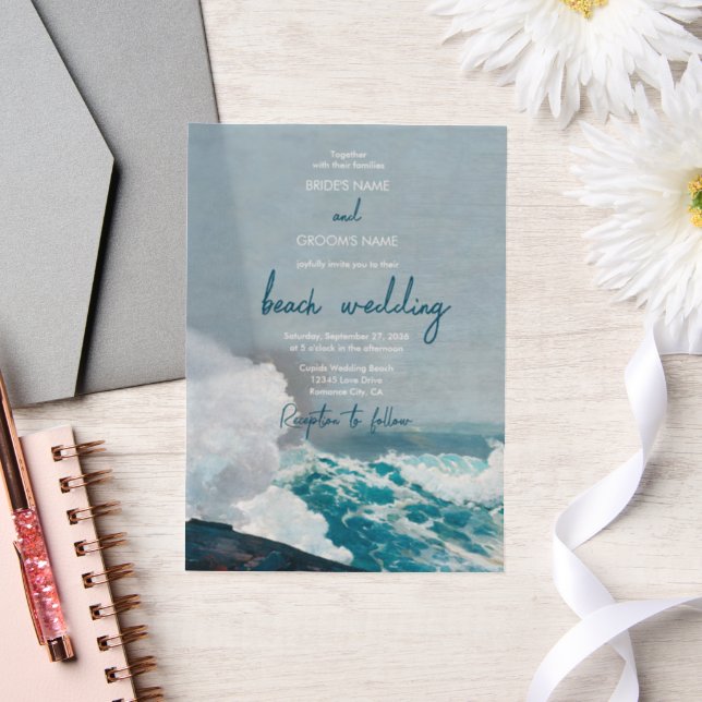 Invitations En Vélin Watercolor Beach Ocean Waves Monogram Mariage (Mariage)