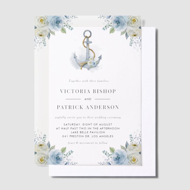 Invitations En Vélin Watercolor Blue Floral Anchor Coastal Wedding (Compenser)