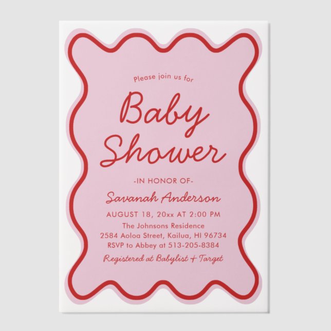 Invitations En Vélin Wavy Moderne Curvy Retro Baby shower rose et rouge (Recto)