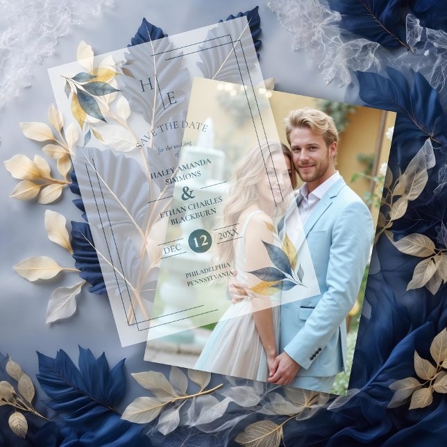 Invitations En Vélin Yellow & Navy Blue Botanical Leaves Corner Initial (Yellow & Navy Blue Botanical Leaves Corner with Initials Vellum Overlay Paper for Save the Date Card)