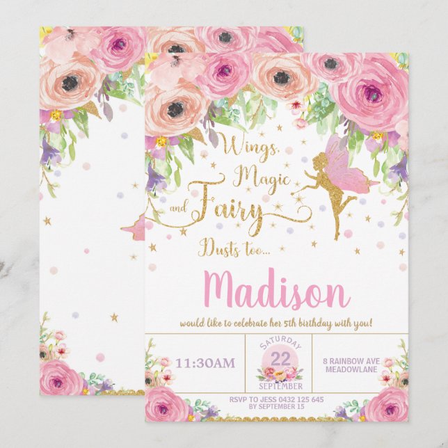 Invitations Fairy Anniversaire Rose Floral Whimsic (Devant / Derrière)